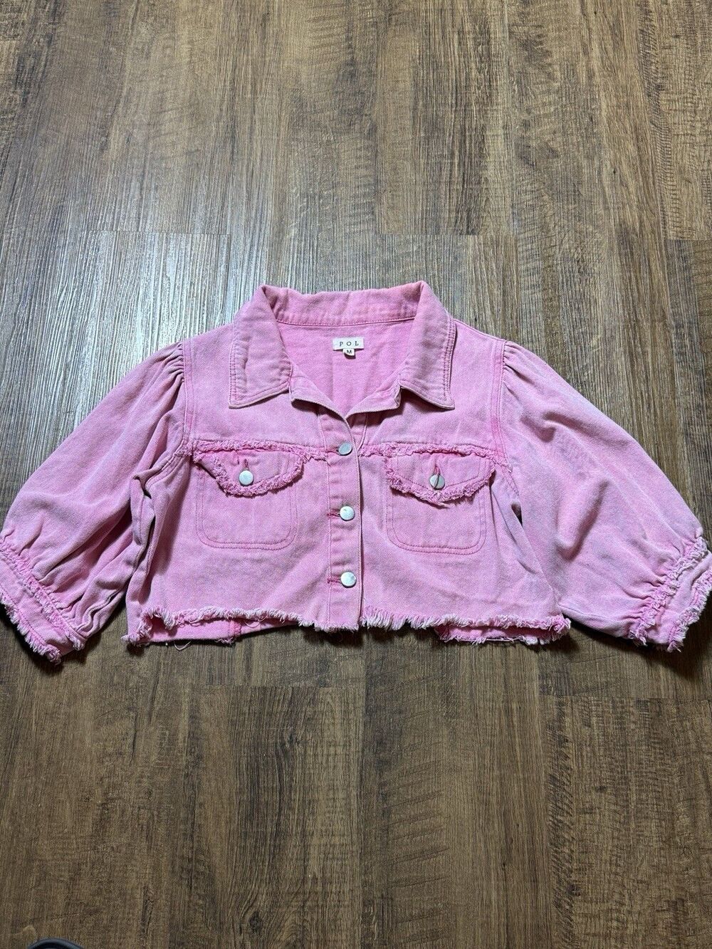 Pol Jacket Womens Medium Pink Lt Denim Distressed Raw Edge Crop Shacket Pockets